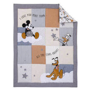 Disney Mickey Mouse Love Mickey Gray, Navy, and Tan Donald Duck and Pluto, Clouds and Stars 3 Piece Nursery Crib Bedding Set - Comforter, Fitted Crib Sheet, and Crib Skirt
