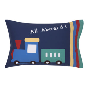 Everything Kids Choo Choo Train Gray, Blue, Red, and Yellow All Aboard 4 Piece Toddler Bed Set - Comforter, Fitted Bottom Sheet, Flat Top Sheet, Reversible Pillowcase