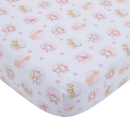 Little Love by NoJo Sweet Jungle Friends Pink, White and Tan, Monkey, Cheetah and Giraffe Super Soft Fitted Crib Sheet