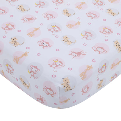 Little Love by NoJo Sweet Jungle Friends Pink, White and Tan, Monkey, Cheetah and Giraffe Super Soft Fitted Crib Sheet