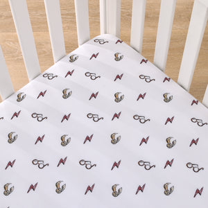 Warner Bros  Harry Potter White, Red, and Gold Lightning Bolt, Golden Snitch and Glasses Nursery Fitted Mini Crib Sheet