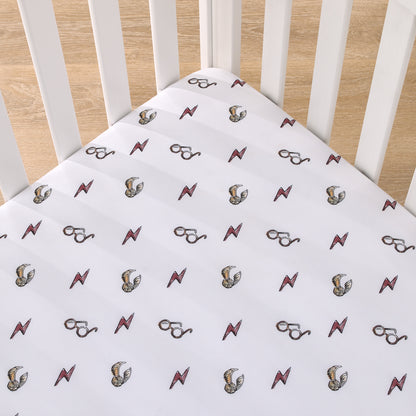 Warner Brothers Harry Potter White, Red, and Gold Lightning Bolt, Golden Snitch and Glasses Nursery Fitted Mini Crib Sheet