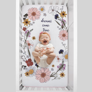 NoJo Keep Blooming Pink, White, Purple and Gold 'Dreams Come True' Wild Flowers 100% Cotton Photo Op Nursery Fitted Crib Sheet
