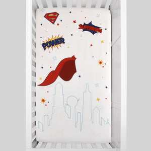 Warner Bros  Superman White and Red Power, Icon, and Stars Photo Op Nursery Fitted Crib Sheet