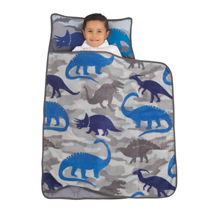 Everything Kids Blue and Grey Dino Toddler Nap Mat with Pillow and Blanket