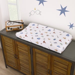 Warner Bros  Harry Potter Welcome Little Wizard Navy, Burgundy, Blue, and White Super Soft Contoured Changing Pad Cover