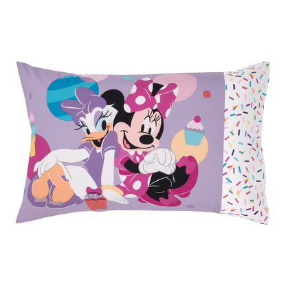 Disney Minnie Mouse Let's Party Pink, Lavender, and White Balloons, Cupcakes, and Confetti Party at Minnie's 4 Piece Toddler Bed Set - Comforter, Fitted Bottom Sheet, Flat Top Sheet, and Reversible Pillowcase