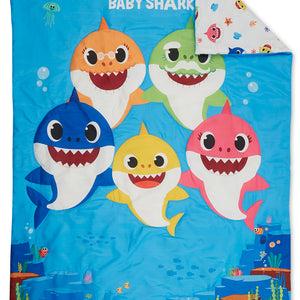 NoJo Baby Shark 4 Piece Toddler Bed Set - Includes Comforter, Fitted Bottom Sheet, Flat Top Sheet, Reversible Pillowcase