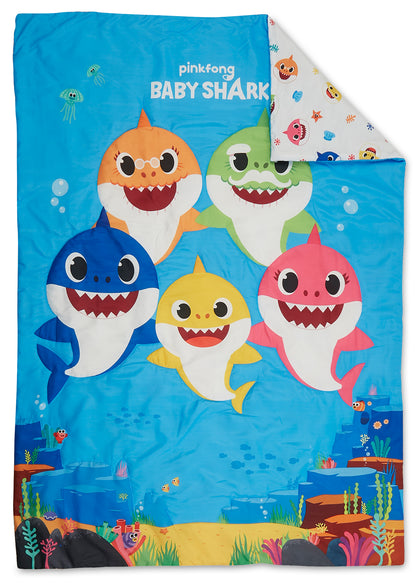 NoJo Baby Shark 4 Piece Toddler Bed Set - Includes Comforter, Fitted Bottom Sheet, Flat Top Sheet, Reversible Pillowcase