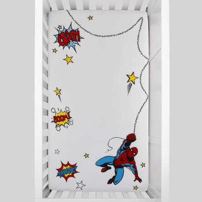 Marvel Spiderman Red, White, Blue, and Yellow Stars and Lightning Photo Op Fitted Crib sheet