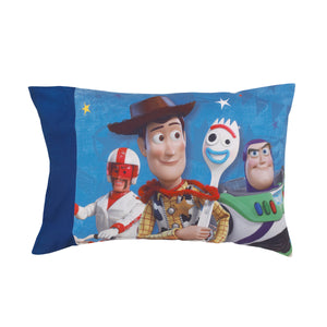 Disney Toy Story 4 - Blue, Green, Yellow Toys in Action 4 Piece Toddler Bed Set - Comforter, Flat Top Sheet, Fitted Bottom Sheet, Reversible Pillowcase