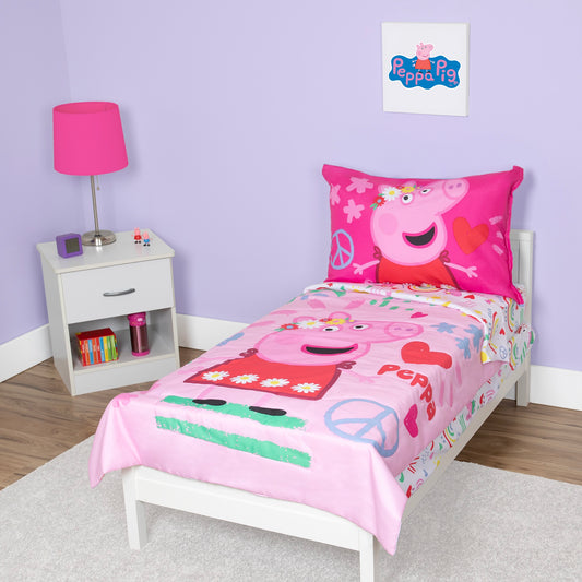 NoJo Peppa Pig 4 Piece Toddler Bed Set - Includes Comforter, Fitted Bottom Sheet, Flat Top Sheet, Reversible Pillowcase