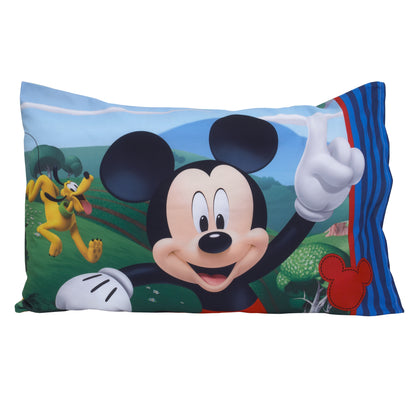 Disney Mickey's Big Adventure Blue, Red, Yellow and Green 4 Piece Toddler Bed Set - Comforter, Fitted Bottom Sheet, Flat Top Sheet, Reversible Pillowcase