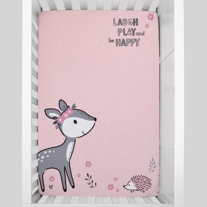 Little Love by NoJo Sweet Deer Pink and Grey Laugh Play & Be Happy Photo Op Fitted Mini Crib Sheet