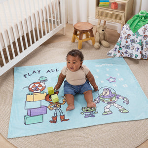 NoJo Disney Toy Story Play All Day Milestone Baby Blanket - Woody, Buzz, Rex and Alien, Blue and White