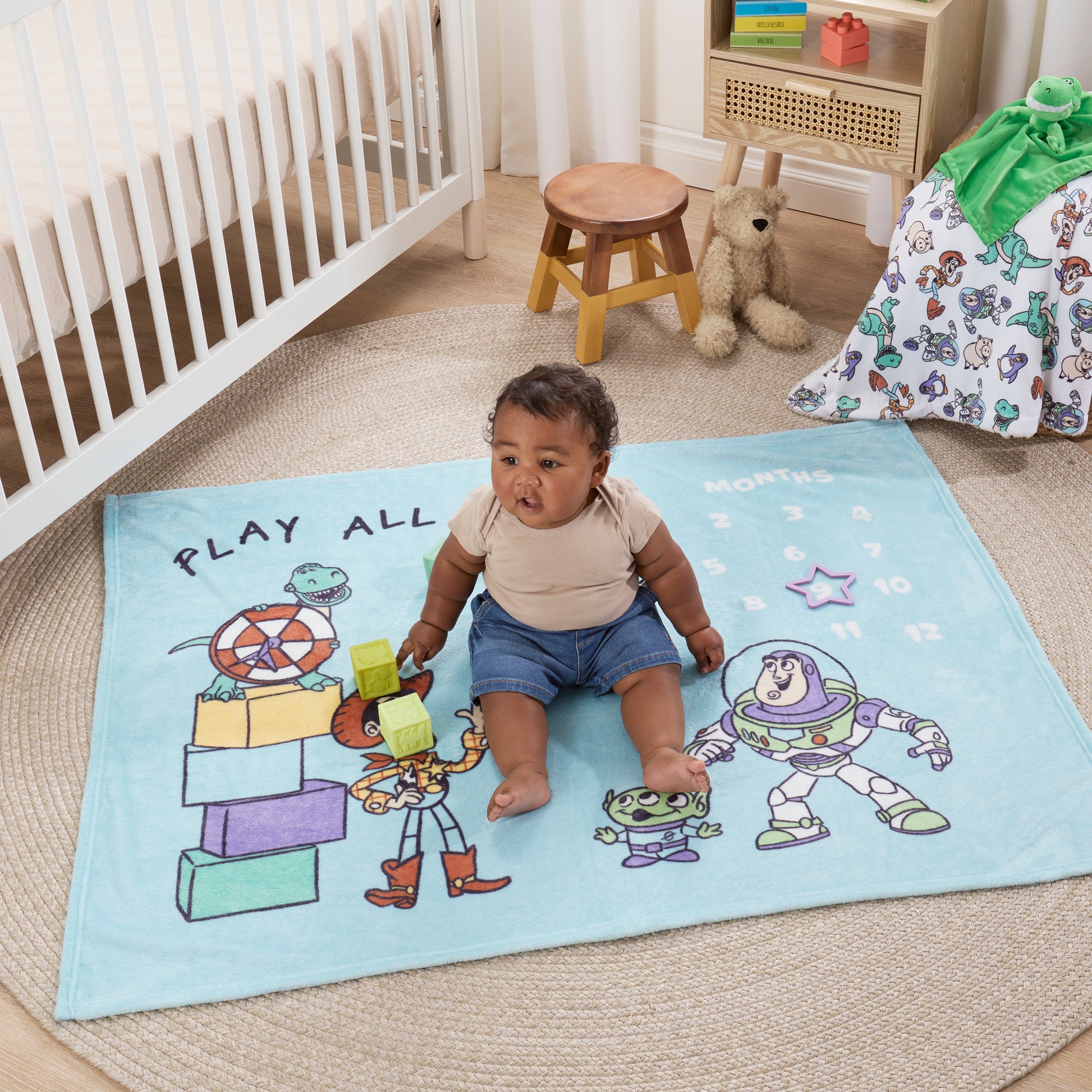 NoJo Disney Toy Story Play All Day Milestone Baby Blanket - Woody, Buzz, Rex and Alien, Blue and White