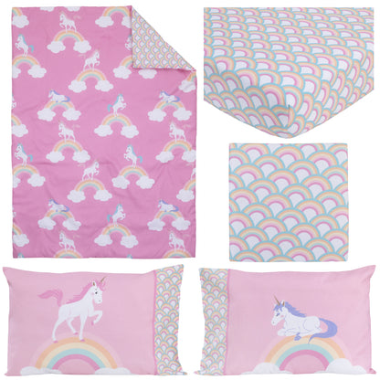 Everything Kids Rainbow Unicorn Pink, White and Rainbows 4 Piece Toddler Bed Set - Comforter, Fitted Bottom Sheet, Flat Top Sheet and Reversible Pillowcase