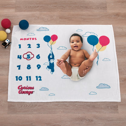 Welcome to the Universe Baby Curious George White, Blue, Red, and Yellow Balloons and Clouds Super Soft Milestone Baby Blanket