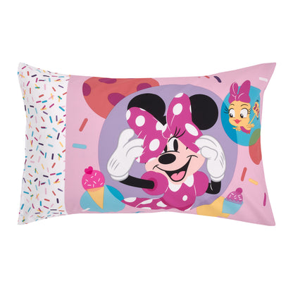 Disney Minnie Mouse Let's Party Pink, Lavender, and White Balloons, Cupcakes, and Confetti Party at Minnie's 4 Piece Toddler Bed Set - Comforter, Fitted Bottom Sheet, Flat Top Sheet, and Reversible Pillowcase