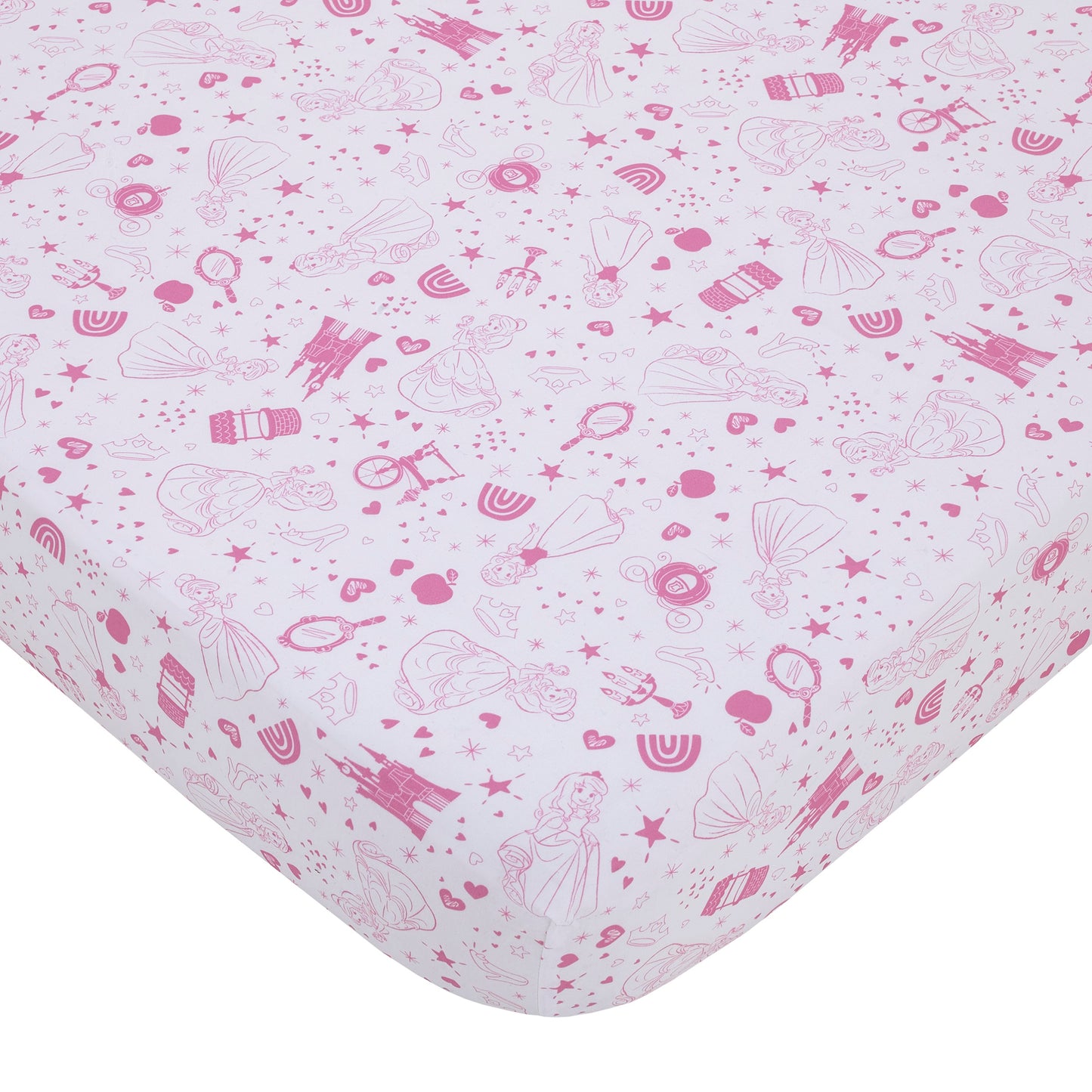 Disney Princess - Dare to Dream White and Pink Castle, Hearts and Stars Fitted Crib Sheet