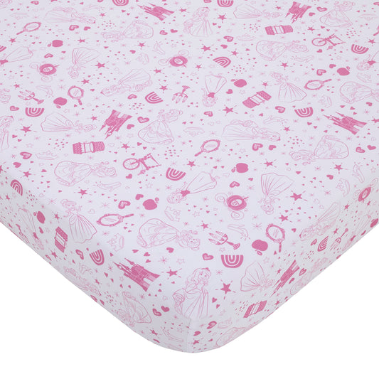 Princess - Dare to Dream White and Pink Castle, Hearts and Stars Fitted Crib Sheet
