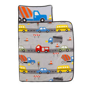 Everything Kids Grey, Red, Yellow and Blue Construction Toddler Nap Mat with Pillow and Blanket