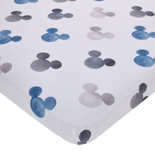 Disney Mickey Mouse - Black, White and Blue Watercolor Mickey Ears Nursery Fitted Mini Crib Sheet