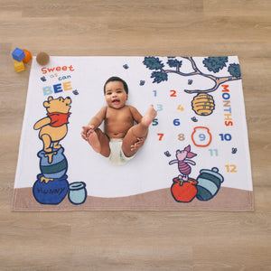 Disney Winnie the Pooh White, Blue, and Yellow Sweet As Can Bee Super Soft Photo Op Milestone Baby Blanket