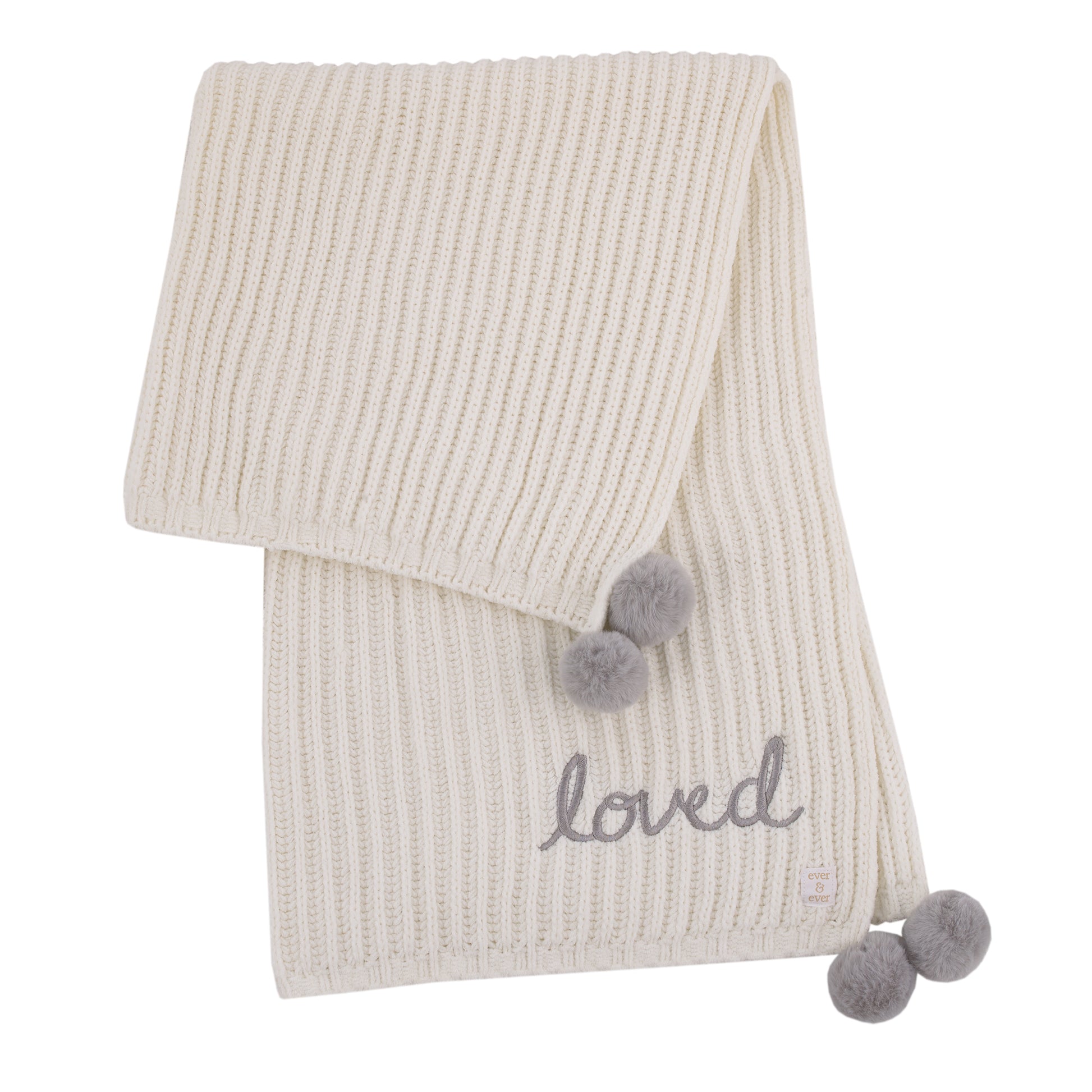 Ever & Ever Loved Ivory Chenille Super Soft Pom Pom Baby Blanket with Embroidery