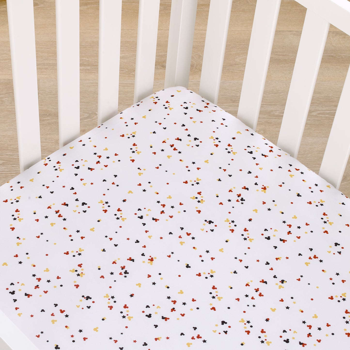 Disney Mickey Mouse - Red, Yellow, Black and White Mickey Confetti Nursery Fitted Mini Crib Sheet