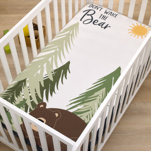 NoJo Into the Wilderness Navy, White, Green and Brown Wake the Bear 100% Cotton Photo Op Fitted Crib Sheet