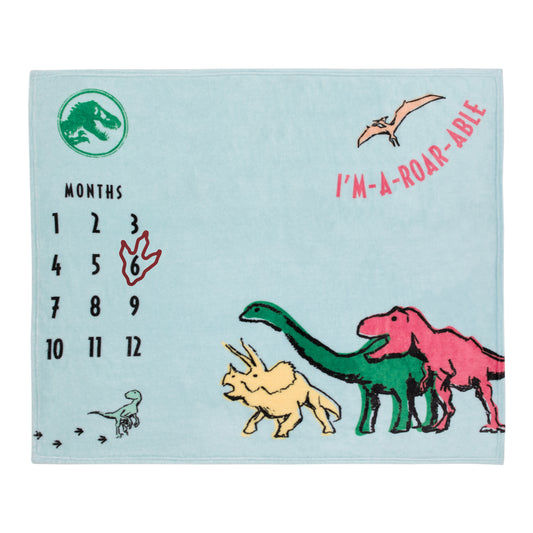 Jurassic World Blue, Green, Orange and Yellow I'm-a-Roar-able Dinosaur Super Soft Milestone Baby Blanket