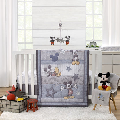 Disney Mighty Mickey Mouse Grey, White and Blue Stars, Stripes and Icons 3 Piece Nursery Crib Bedding Set - Comforter, Fitted Crib Sheet and Crib Skirt