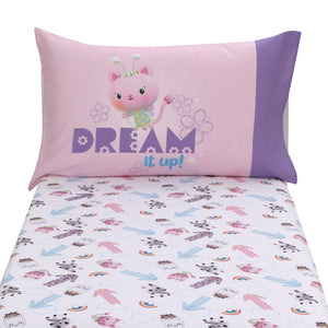 DreamWorks Gabby's Dollhouse Dream It Up Pink and Purple Kitty Fairy 2 Piece Toddler Sheet Set - Fitted Bottom Sheet and Reversible Pillowcase