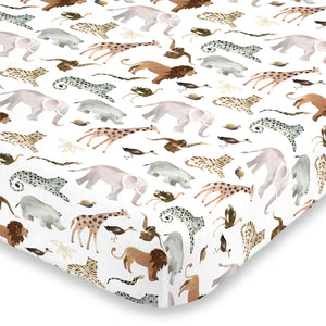 Water Color Jungle Friends Tan, Brown and Grey Super Soft Mini Crib Sheet