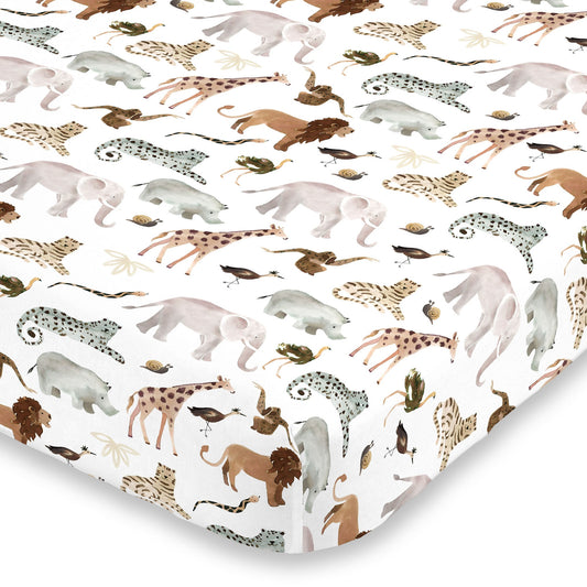 NoJo Water Color Jungle Friends Tan, Brown and Grey Super Soft Mini Crib Sheet