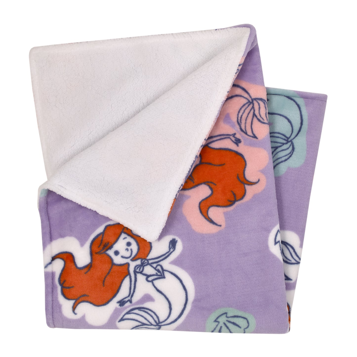 Disney The Little Mermaid Orange, Lavender, Aqua and White Ariel Super Soft Sherpa Baby Blanket