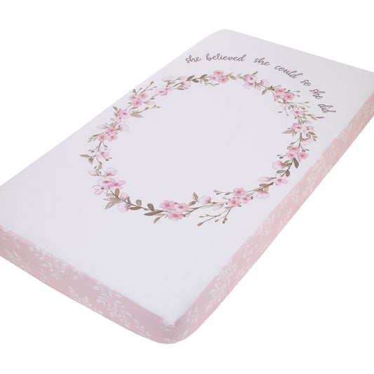 Ever & Ever Flower Fairy Pink, White, and Taupe She Believed, She Could, So She Did 100% Cotton Nursery Photo Op Fitted Crib Sheet