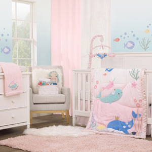 Under the Sea Whimsy Pink and Blue Narwhals Super Soft Appliqued Baby Blanket