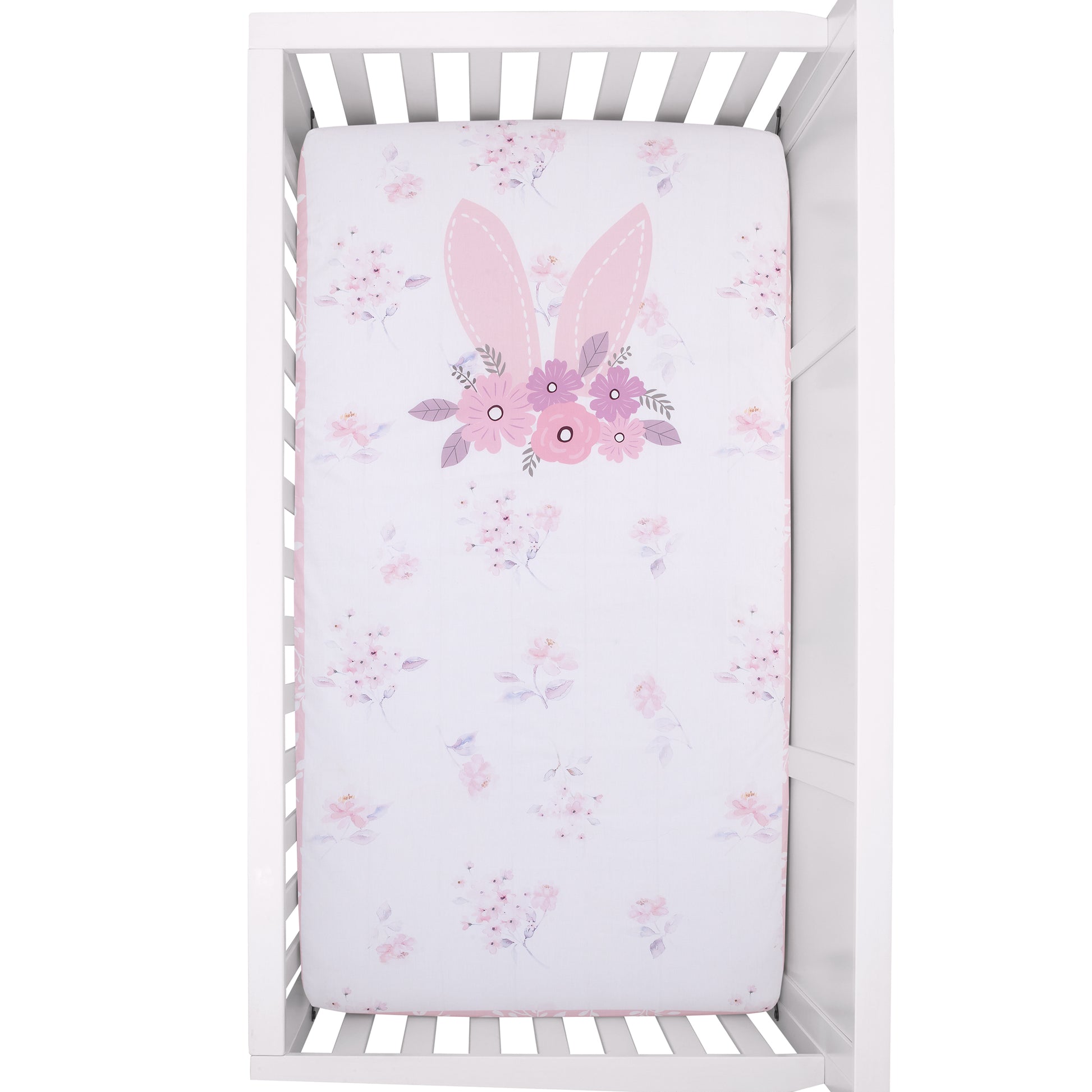Ever & Ever Flower Bunny Pink, White, and Lavender Bunny Ears 100% Cotton Nursery Photo Op Fitted Crib Sheet