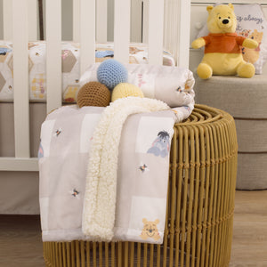 Disney Winnie the Pooh Hugs and Honeycombs Grey and White Plaid with Piglet, Tigger and Eeyore Super Soft Sherpa Baby Blanket