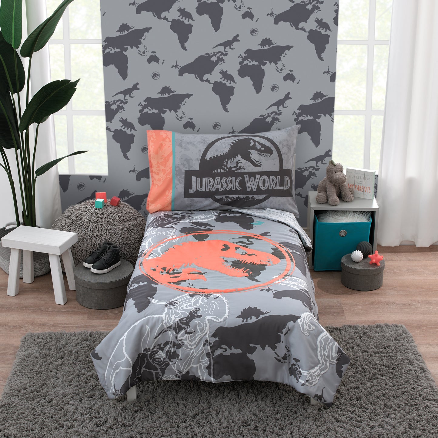 Universal Jurassic World Into The Wild Grey, White, Orange and Aqua T. Rex 4 Piece Toddler Bed Set - Comforter, Fitted Bottom Sheet, Flat Top Sheet and Reversible Pillowcase