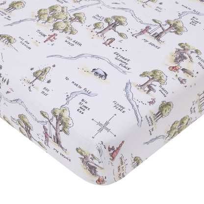 Disney Classic Winnie the Pooh Sage, Tan, and White, Map of 100 Acre Woods Super Soft Nursery Fitted Crib Sheet