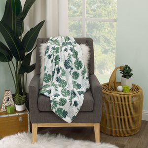 Simply Baby Palm Leaf Green and White Tropical Super Soft Baby Blanket