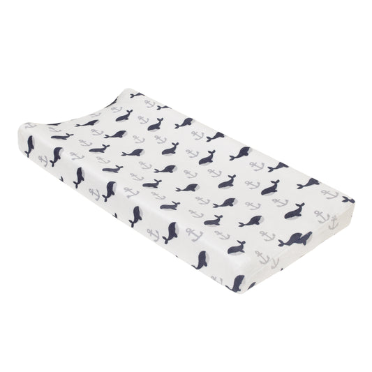 Nantucket Adventure Super Soft White and Blue Whale and Anchor Changing Pad Cover