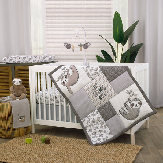 Sloth Let's Hang Out Grey, White and Charcoal 3 Piece Nursery Crib Bedding Set - Comforter, Crib Sheet, Dust Ruffle