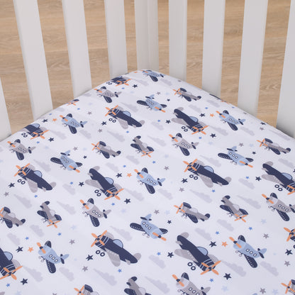 Little Love by NoJo Soar High Little One Navy, Light Blue, Orange, and White Airplanes, Clouds, and Stars Fitted Crib Sheet