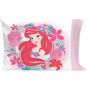 Disney Ariel Sea Garden 4 Piece Toddler Bed Set - Comforter, Fitted Sheet, Flat Top Sheet, Reversible Standard Size Pillowcase, Pink and Aqua