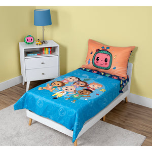 NoJo CoComelon A,B,C Fun 4 Piece Toddler Bed Set - Comforter, Fitted Bottom Sheet, Flat Top Sheet, Reversible Pillowcase, Blue, and Orange