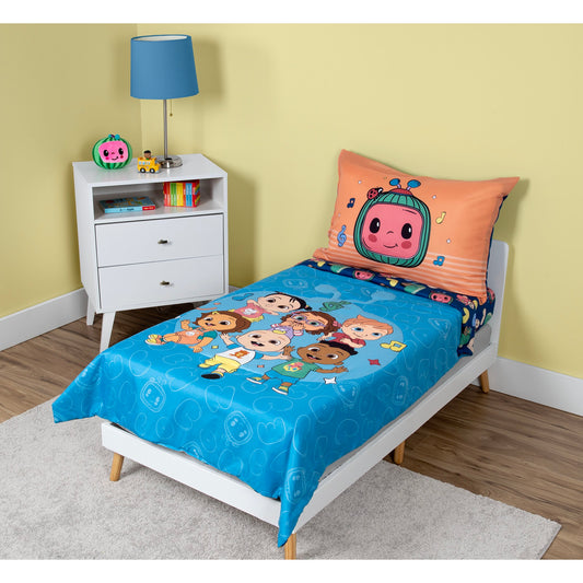NoJo CoComelon A,B,C Fun 4 Piece Toddler Bed Set - Comforter, Fitted Bottom Sheet, Flat Top Sheet, Reversible Pillowcase, Blue, and Orange
